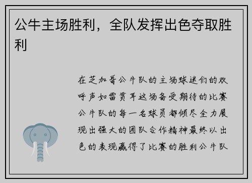 公牛主场胜利，全队发挥出色夺取胜利