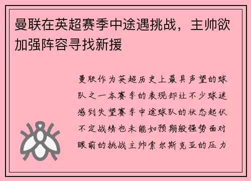 曼联在英超赛季中途遇挑战，主帅欲加强阵容寻找新援